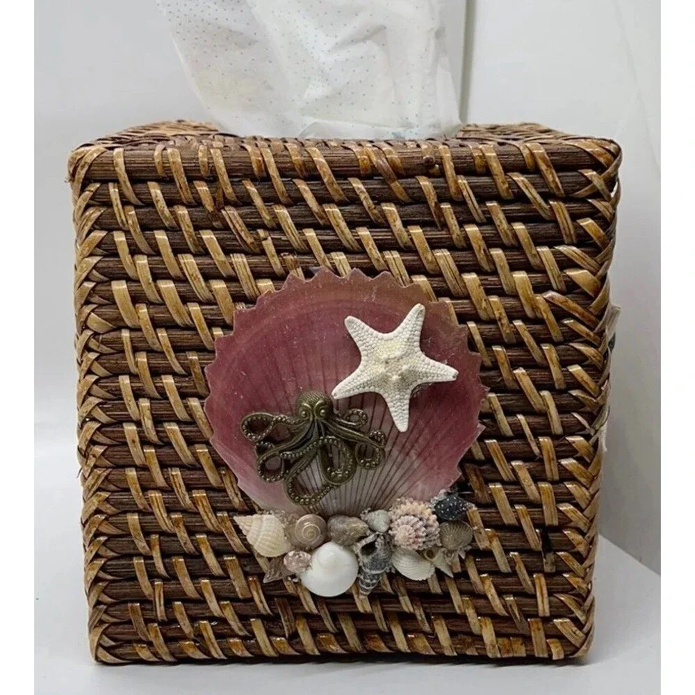 Coastal Starfish One Of A Kind Hand Decorated Rattan Tissue Box Cover Decor